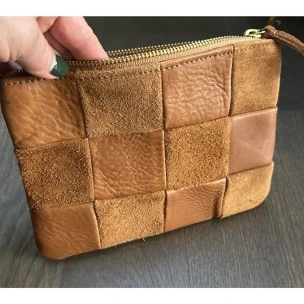 NWT PRIMECUT COGNAC CHECKERED LEATHER POUCH CLUTCH SUEDE HANDMADE MADE IN USA - Picture 2 of 6